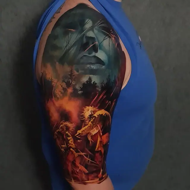 colour realism fantasy scene with figures and giant face on upper arm