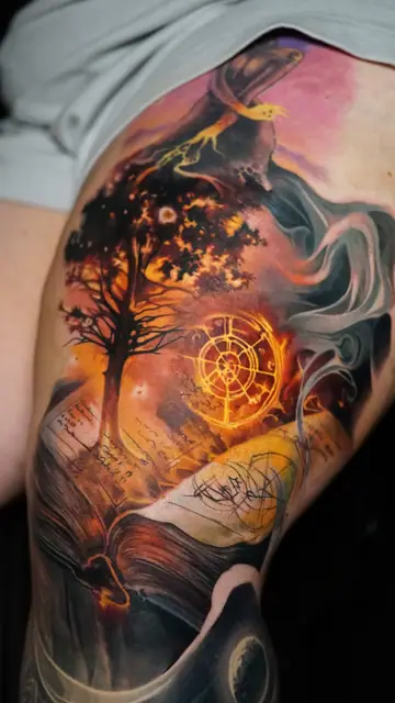 colour realism fantasy scene with tree, books, orb on thigh and side