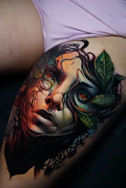 colour realism fantasy woman face with leaves on upper thigh