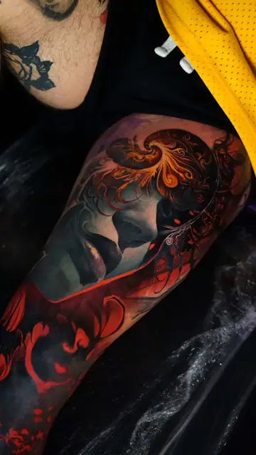 colour realism fantasy woman portrait and red patterns on thigh
