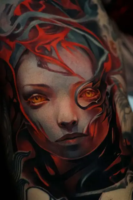 colour realism fantasy woman tattoo with glowing eyes on arm