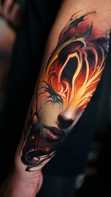 colour realism fiery demonic woman tattoo on forearm