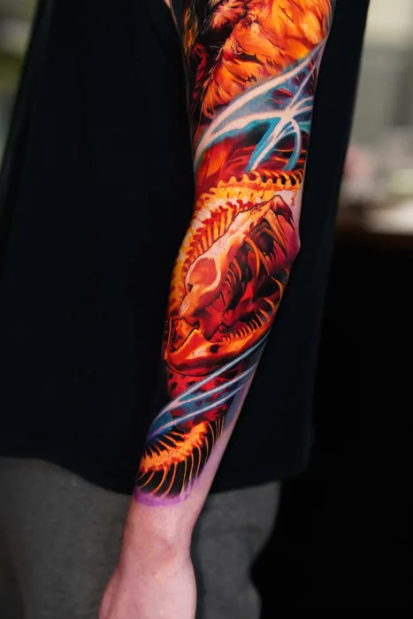 colour realism fiery phoenix full sleeve tattoo