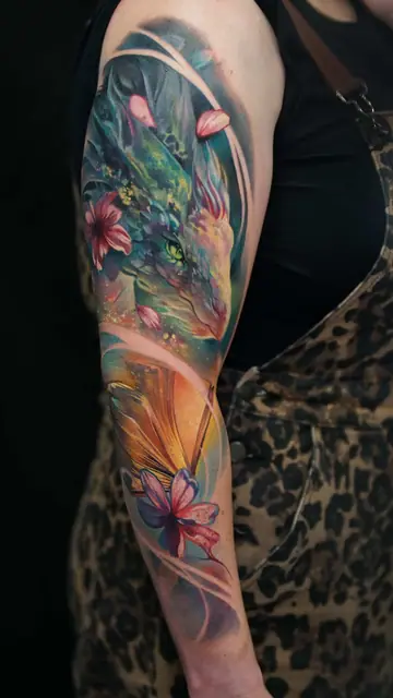 colour realism floral dragon and book full sleeve tattoo