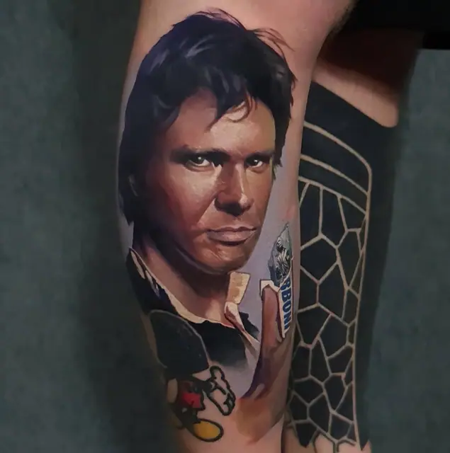 colour realism han solo portrait with mickey mouse on leg