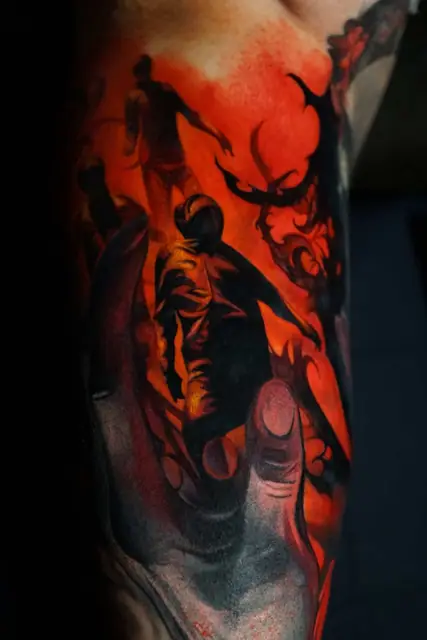 colour realism hellish scene with figures and hand on limb