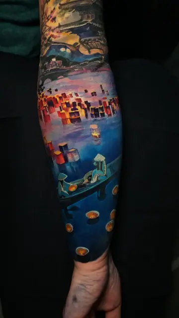 colour realism lantern festival with boat on forearm