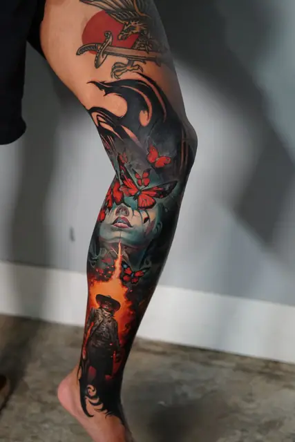 colour realism leg sleeve with eagle, woman's face, cowboy, and butterflies