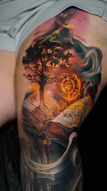 colour realism magic tree book sleeve tattoo