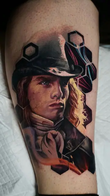 colour realism man in top hat tattoo on leg