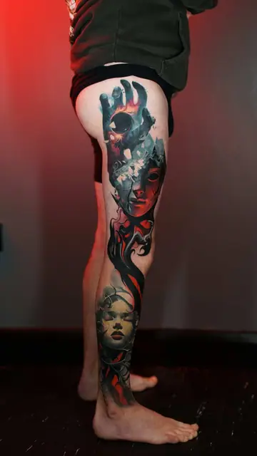 colour realism mask and faces leg sleeve tattoo