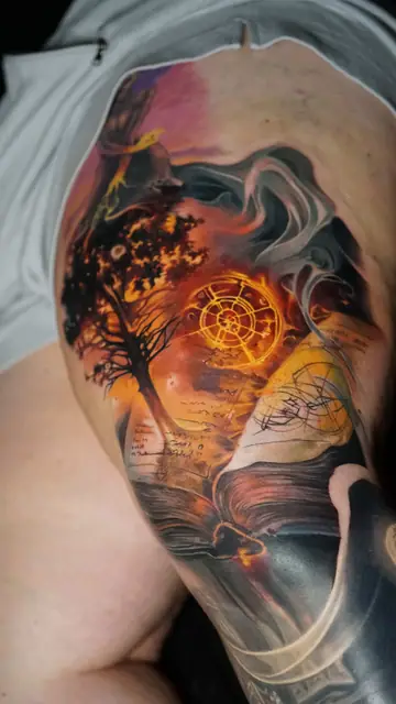colour realism mystical landscape book tattoo on shoulder/upper arm