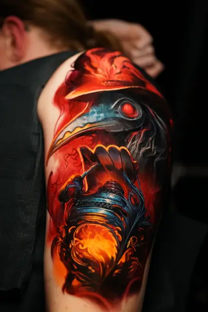 colour realism plague doctor and lantern tattoo on upper arm