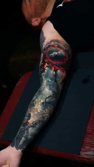 colour realism portal and storm tattoo on full sleeve