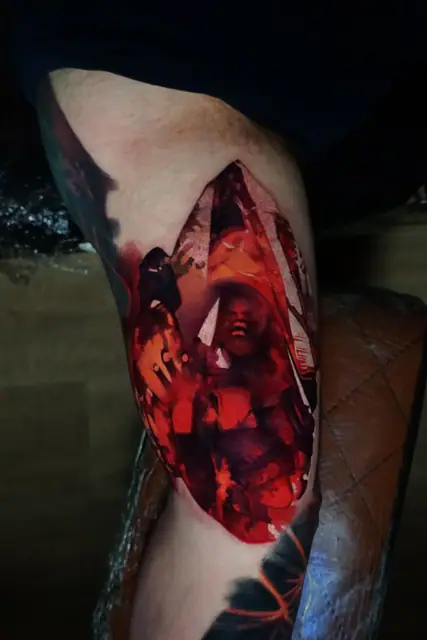 colour realism red crystal gem tattoo on leg