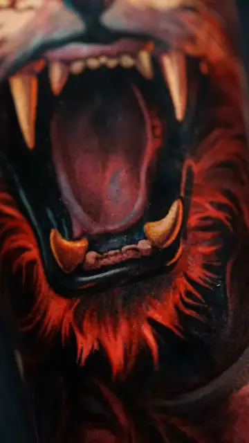 colour realism roaring lion mouth tattoo