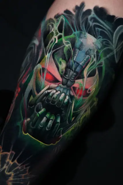 colour realism skull and respirator mask tattoo on leg
