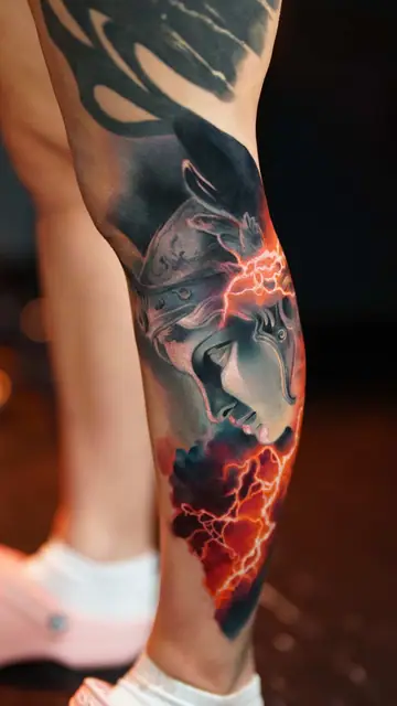 colour realism statue head with lightning on lower leg