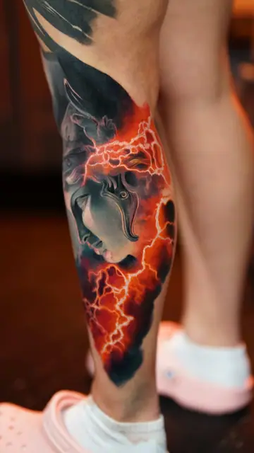 colour realism stormy face tattoo with lightning on lower leg