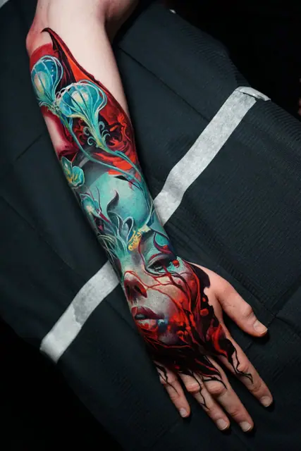 colour realism surreal face and organic elements sleeve tattoo on forearm and hand