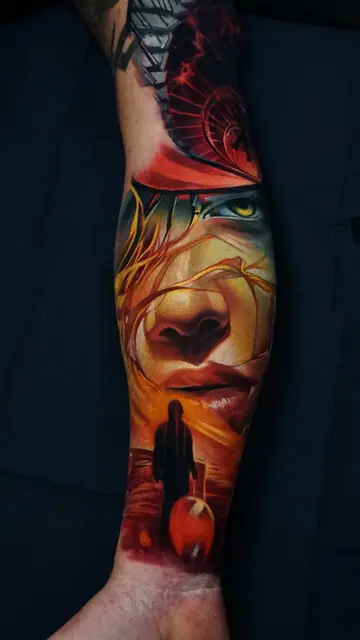 colour realism surreal portrait with figure on forearm