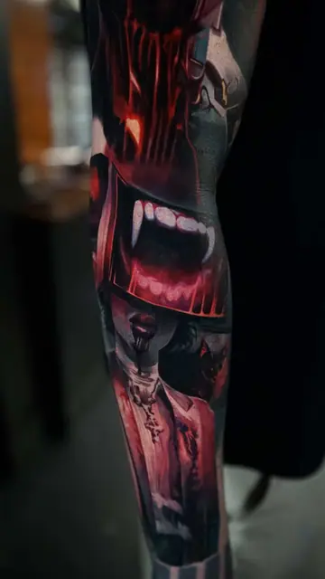 colour realism vampire fangs and figure tattoo on full sleeve