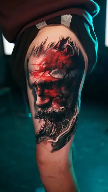 colour realism warrior portrait with red accents on upper thigh