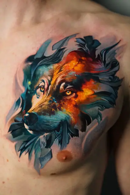 colour realism wolf head tattoo on chest