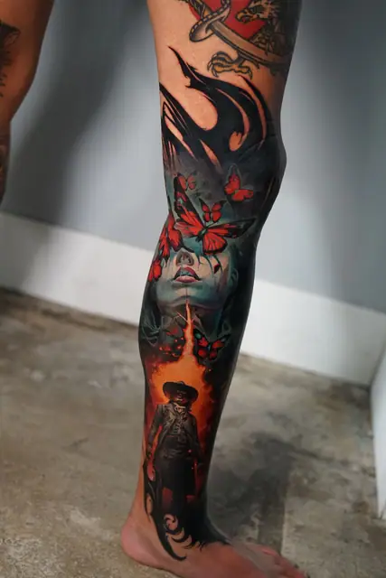 colour realism woman, butterflies, cowboy tattoo on full leg