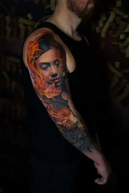 colour realism woman and flowers full sleeve tattoo