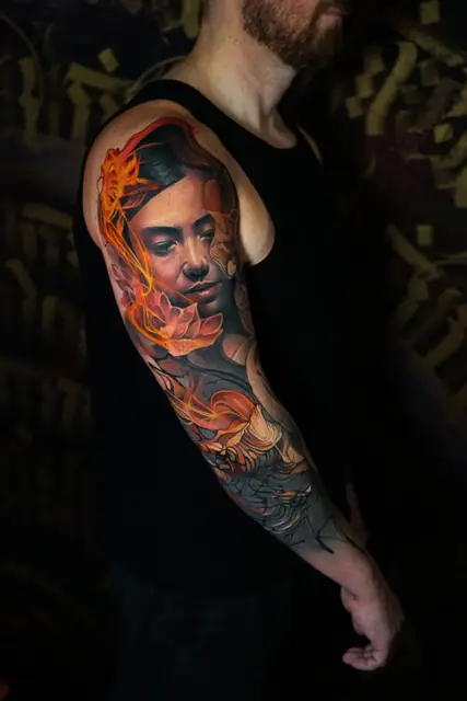 colour realism woman and flowers full sleeve tattoo