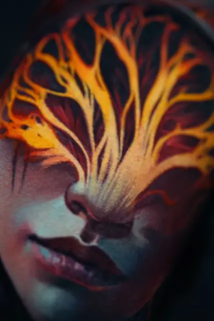 colour realism woman's face with fiery branches on forehead and eyes