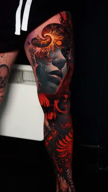 colour realism woman and skeleton leg sleeve tattoo