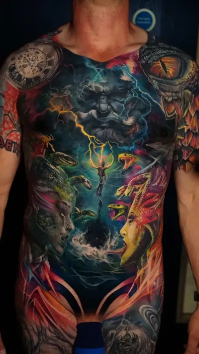 colour realism Zeus and mythology tattoo across a full chest and torso