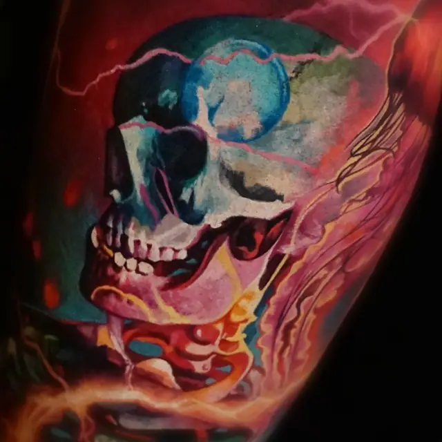 colour skull tattoo with lightning on arm