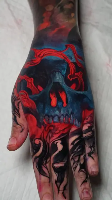colour skull tattoo with red and blue accents on hand
