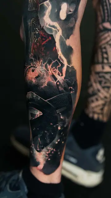 dark fantasy colour realism sleeve tattoo on leg