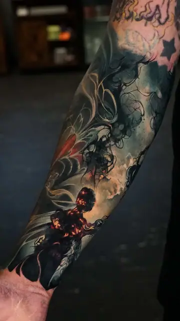 dark fantasy figure tattoo, artistic colour full sleeve
