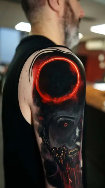 dark horror face with red ring colour tattoo on upper arm