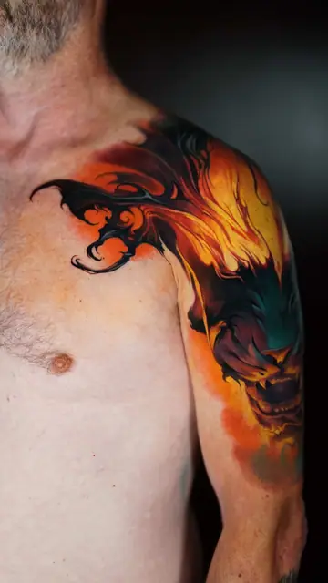 fiery abstract dragon shoulder colour tattoo sleeve