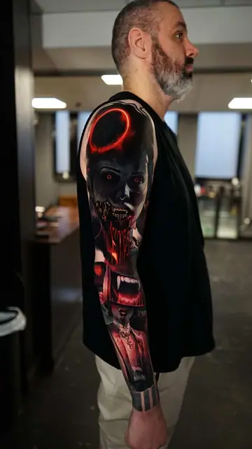 horror fantasy realism full sleeve tattoo