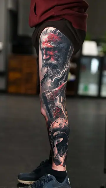 kratos god of war colour realism leg tattoo sleeve