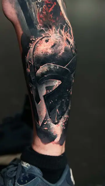 spartan helmet colour realism tattoo on leg