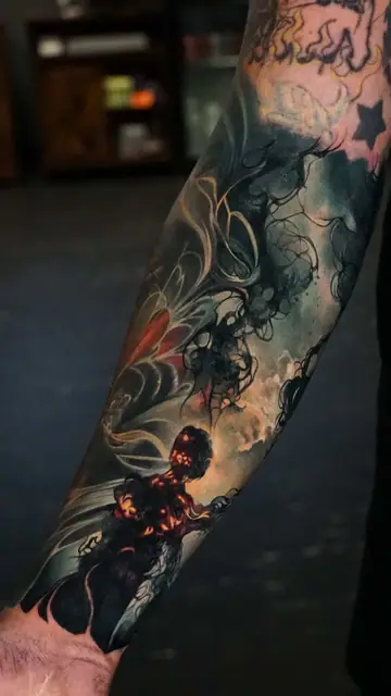 surreal abstract dark figure tattoo sleeve with fiery elements