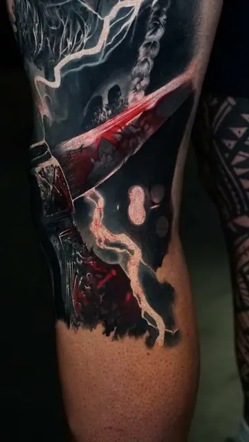 thor's hammer and lightning colour realism tattoo on thigh