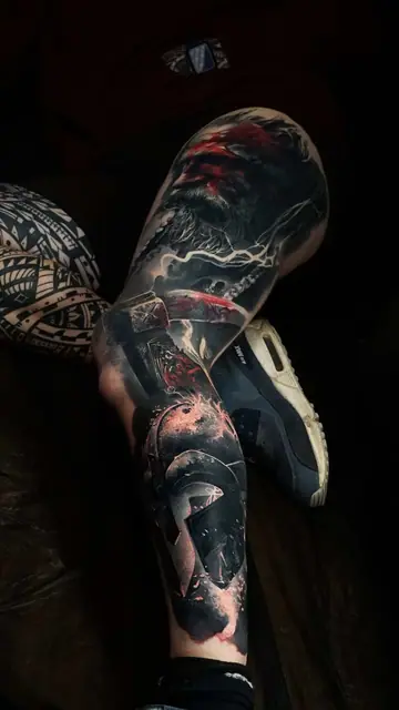 thor, spartan helmet colour realism leg sleeve tattoo