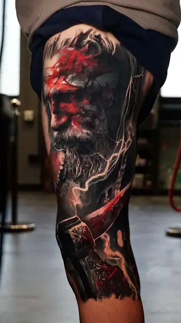 zeus-like god colour realism tattoo with lightning and hammer on thigh