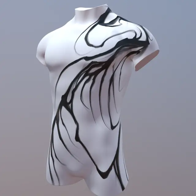 abstract black brushstroke design wrapping from shoulder across chest and ribs, shown on a torso mannequin