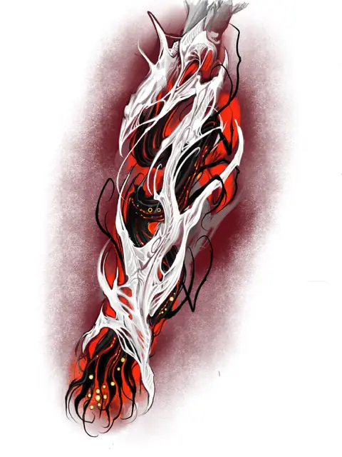 arm design of white biomechanical sinew opening over red and black interior forms