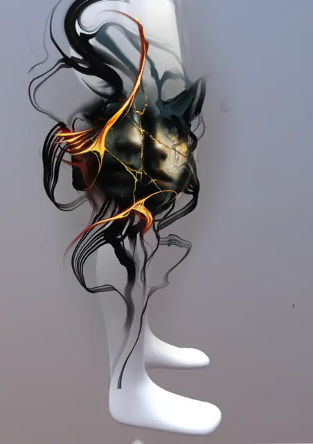 calf design of a cracked skull glowing gold through the fractures with black smoke trails